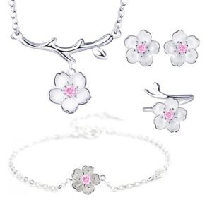 925 sterling silver jewelry sets romantic cherry blossoms flower necklace+earrings+ring+bracelet for women gift pink set