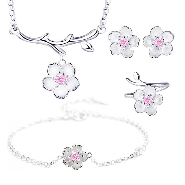 925 Sterling Silver Jewelry Sets Romantic Cherry Blossoms Flower Necklace+Earrings+Ring+Bracelet for Women Gift Pink Set