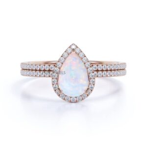 14K Rose Gold Over 925 Sterling Silver Pear Shaped Created Opal Engagement Ring Matching Wedding Band Bridal Set Wedding Ring Set 6