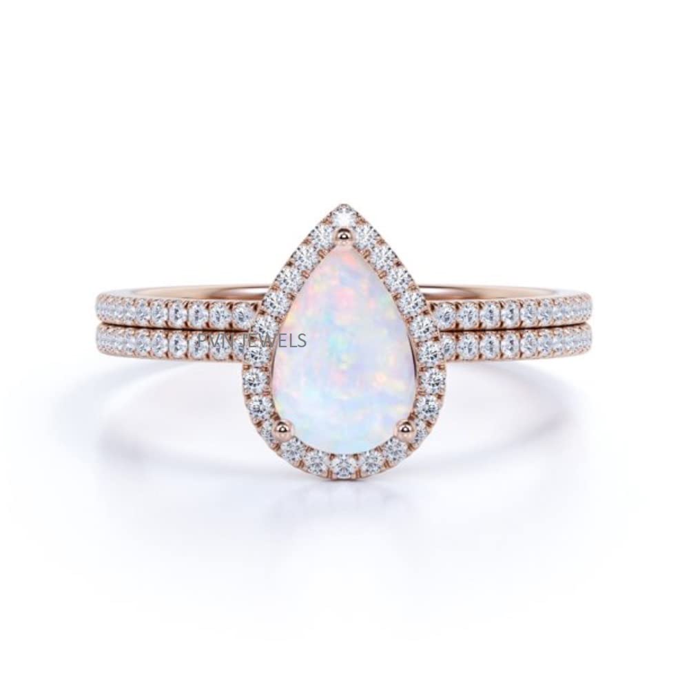 14K Rose Gold Over 925 Sterling Silver Pear Shaped Created Opal Engagement Ring Matching Wedding Band Bridal Set Wedding Ring Set 6