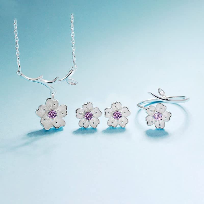 925 Sterling Silver Jewelry Sets Romantic Cherry Blossoms Flower Necklace+Earrings+Ring+Bracelet for Women Gift Pink Set