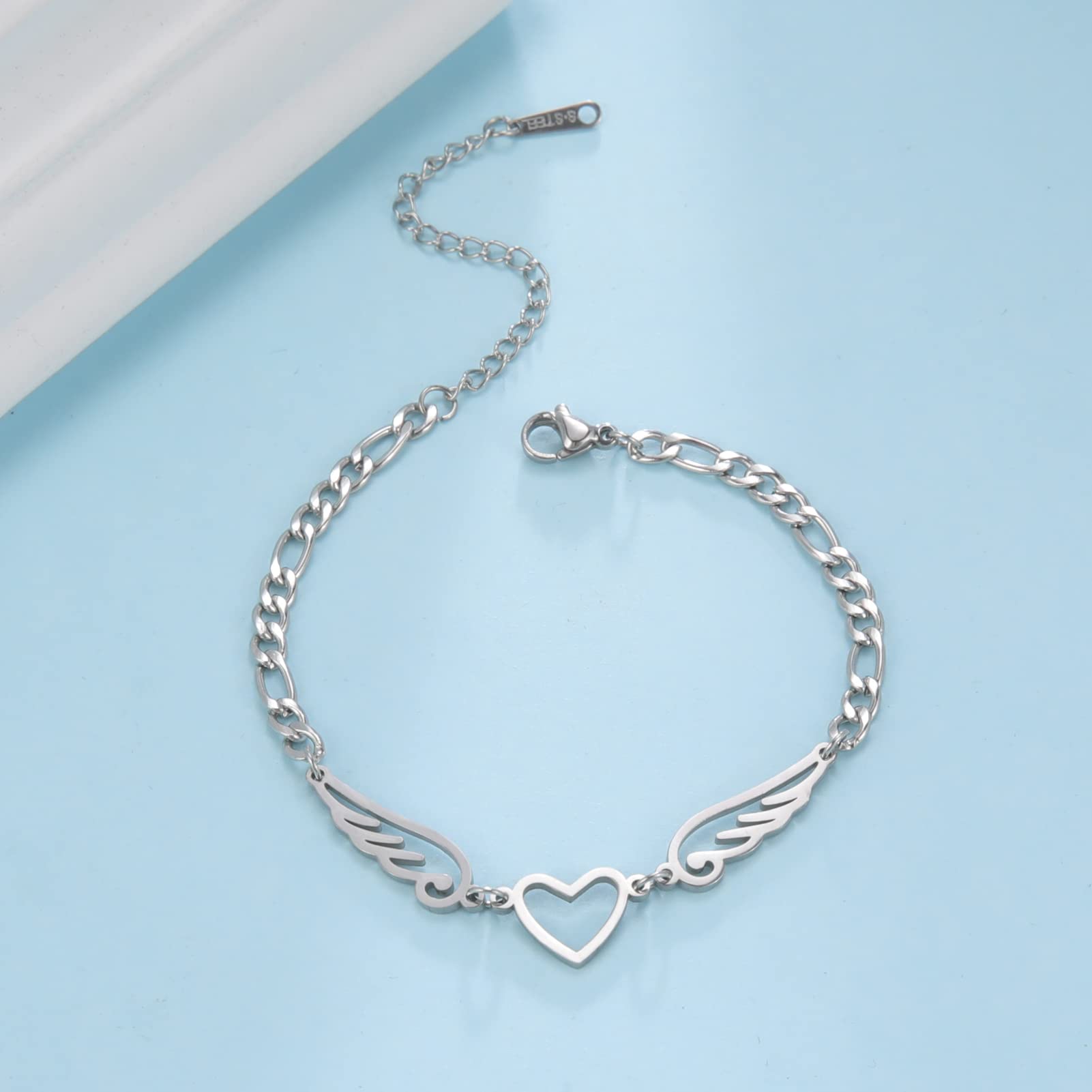 EUEAVAN Love Heart Guardian Angel Wings Charm Stainless Steel Silver Bracelets For Women Jewelry Gifts