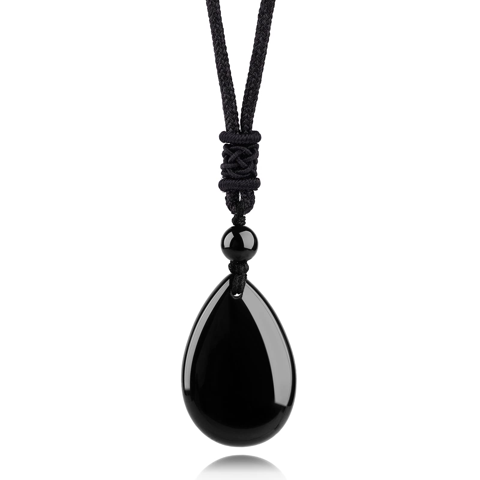 TIKCAUZ Black Obsidian Teardrop Necklace Natural Healing Crystal Stone Pendant with Adjustable Rope Gemstone Handmade Jewelry for Women Men