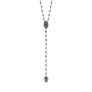 karma and luck - stand in strength - women's real hematite stones 925 sterling silver hamsa evil eye lariat gunmetal plated 15" rosary necklace handmade with love in bali