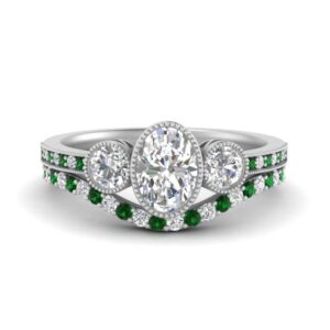 55Carat Three Stone Bezel Set Bridal Ring Set Sterling Silver Created Emerald Oval Shape Green Color Wedding Ring Sets Pave Setting in Size 6 Minimal Surprise Gifts for Ladies