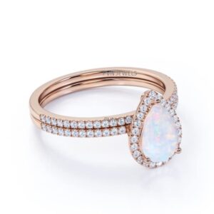 14K Rose Gold Over 925 Sterling Silver Pear Shaped Created Opal Engagement Ring Matching Wedding Band Bridal Set Wedding Ring Set 6