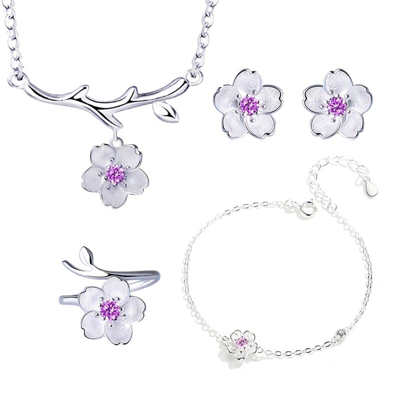 925 Sterling Silver Jewelry Sets Romantic Cherry Blossoms Flower Necklace+Earrings+Ring+Bracelet for Women Gift Pink Set