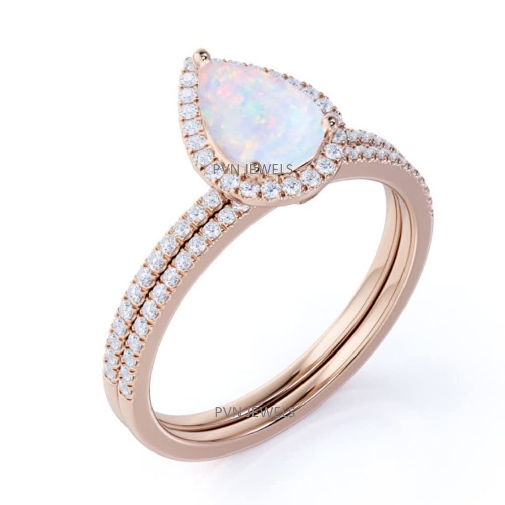 14K Rose Gold Over 925 Sterling Silver Pear Shaped Created Opal Engagement Ring Matching Wedding Band Bridal Set Wedding Ring Set 6