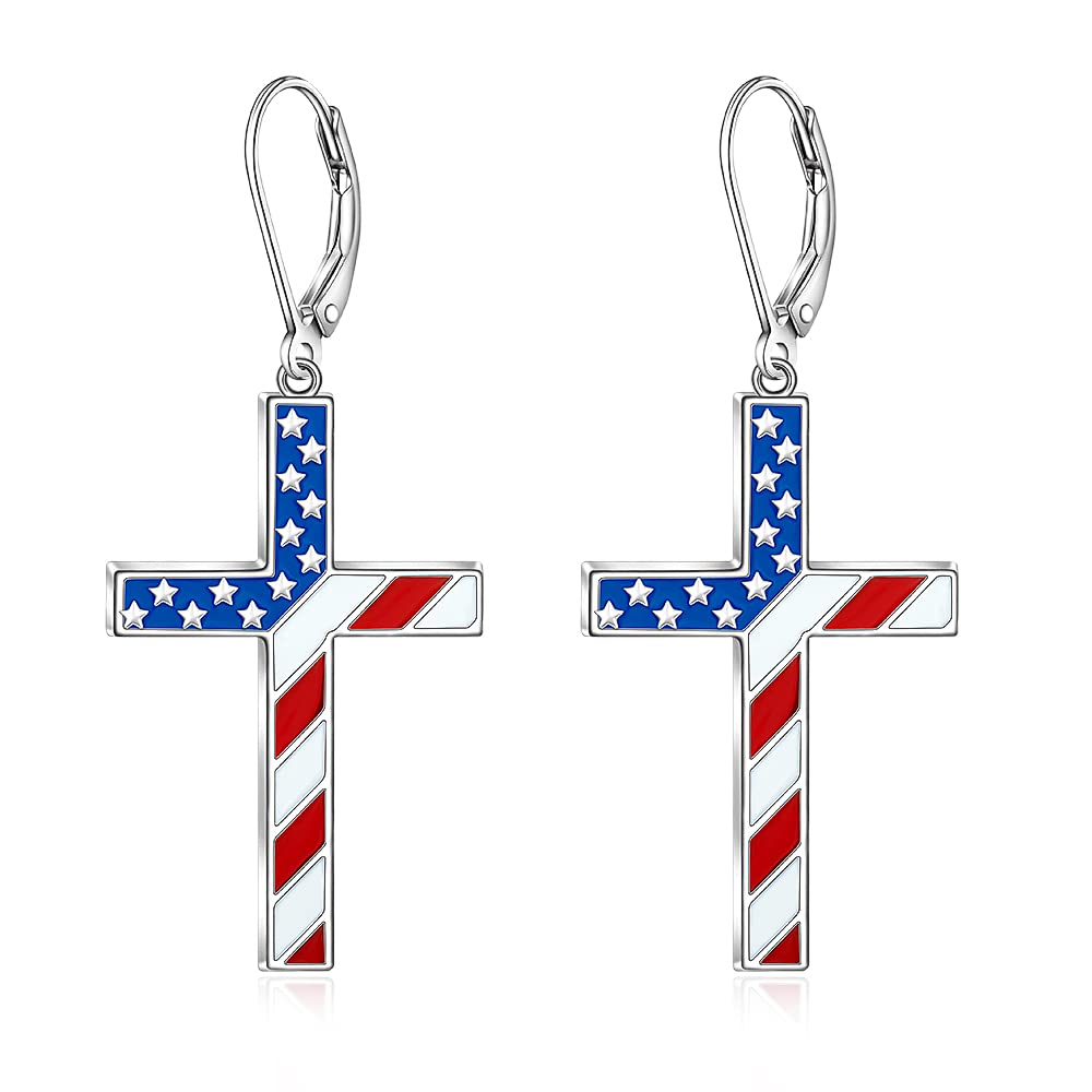 Patriotic 4th of July Earrings for Women Cross Fourth of July American Flag Earrings Dangle Sterling Silver Red White and Blue Veterans USA Independence Day Gifts