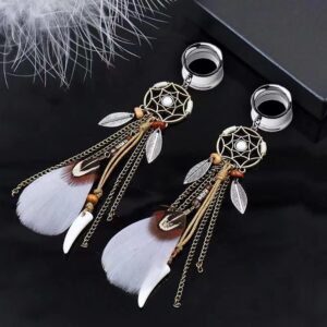 2Pieces Dangle Ear Gauges Ear Flesh Tunnel Plugs Bohemian Feather Tassel Ear Reamer Piercing Expander Body Jewelry for Women 6mm-25mm