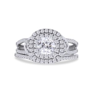 SAVEARTH DIAMONDS 1 CT Center 5MM Cushion & Round Cut Lab Created Moissanite Diamond Double Halo Split Shank Bridal Set Ring In 14K White Gold Over Sterling Silver(VVS1 Clarity)-9.5