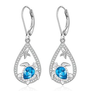 Sea Turtle Earrings for Women Sapphire Jewelry Animal Lover Gifts S925 Sterling Silver Ocean Zirconia Starfish Hoops Blue Dangle Earrings for Friends Sister Mom