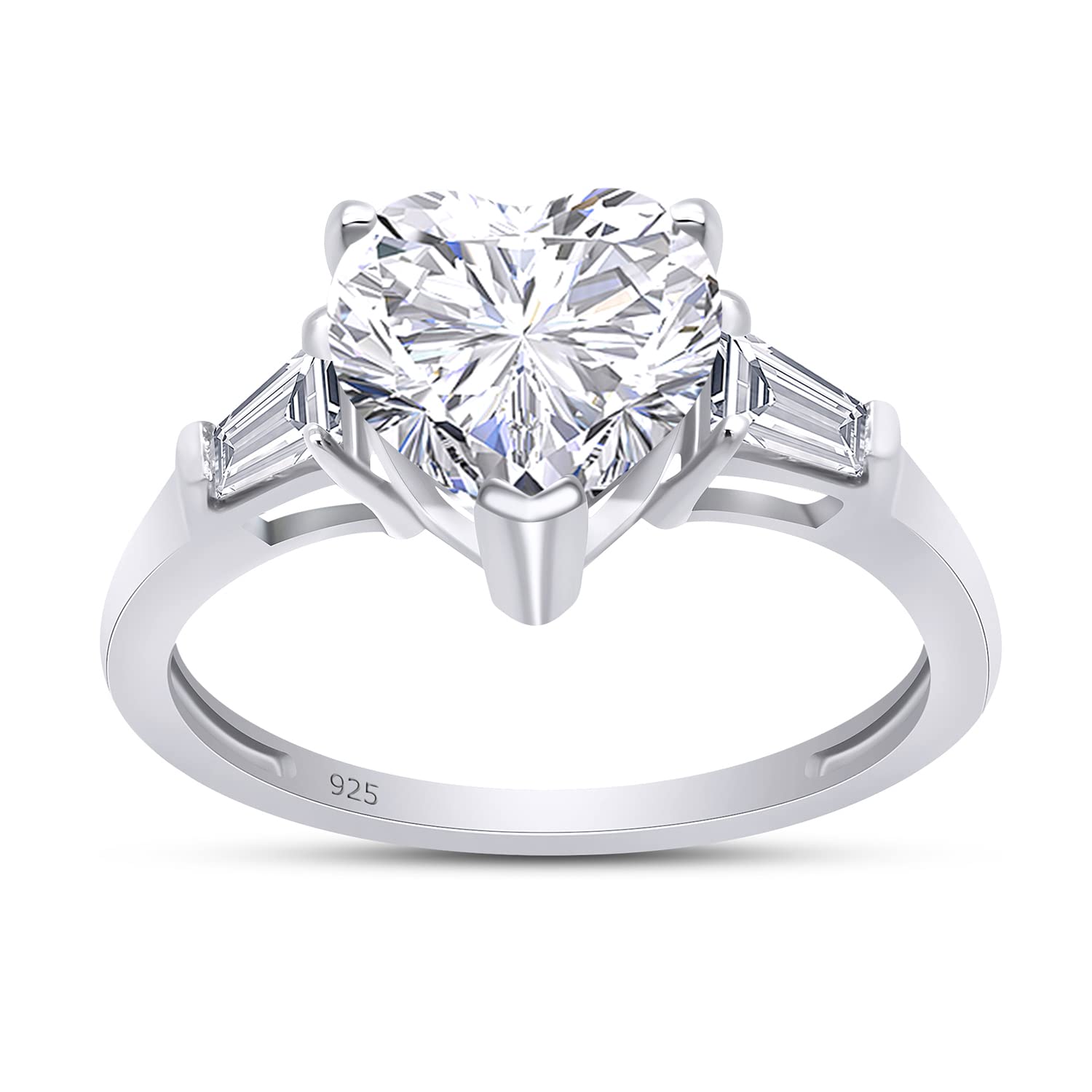 SAVEARTH DIAMONDS 2 Carat 8MM Heart & Tapered Baguette Cut Lab Created Moissanite Diamond Promise Engagement Ring In 14K White Gold Over Sterling Silver Jewelry For Women (VVS1 Clarity)-8