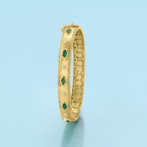 Ross-Simons 0.80 ct. t.w. Emerald and .26 ct. t.w. Diamond Bangle Bracelet in 18kt Gold Over Sterling. 7 inches