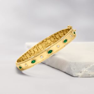 Ross-Simons 0.80 ct. t.w. Emerald and .26 ct. t.w. Diamond Bangle Bracelet in 18kt Gold Over Sterling. 7 inches