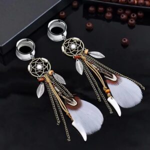 2Pieces Dangle Ear Gauges Ear Flesh Tunnel Plugs Bohemian Feather Tassel Ear Reamer Piercing Expander Body Jewelry for Women 6mm-25mm