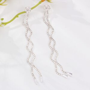 Silver Extra Long Bridal Earrings for Bride on Wedding,Rhinestone Long Dangle Drop Earrings