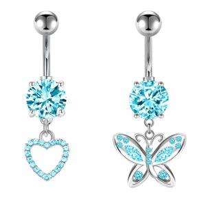 FLOGWE 2PCS 14G Belly Button Ring 316L Surgical Steel Heart Butterfly Pendant Belly Button Ring CZ Body Piercing Jewelry for Women