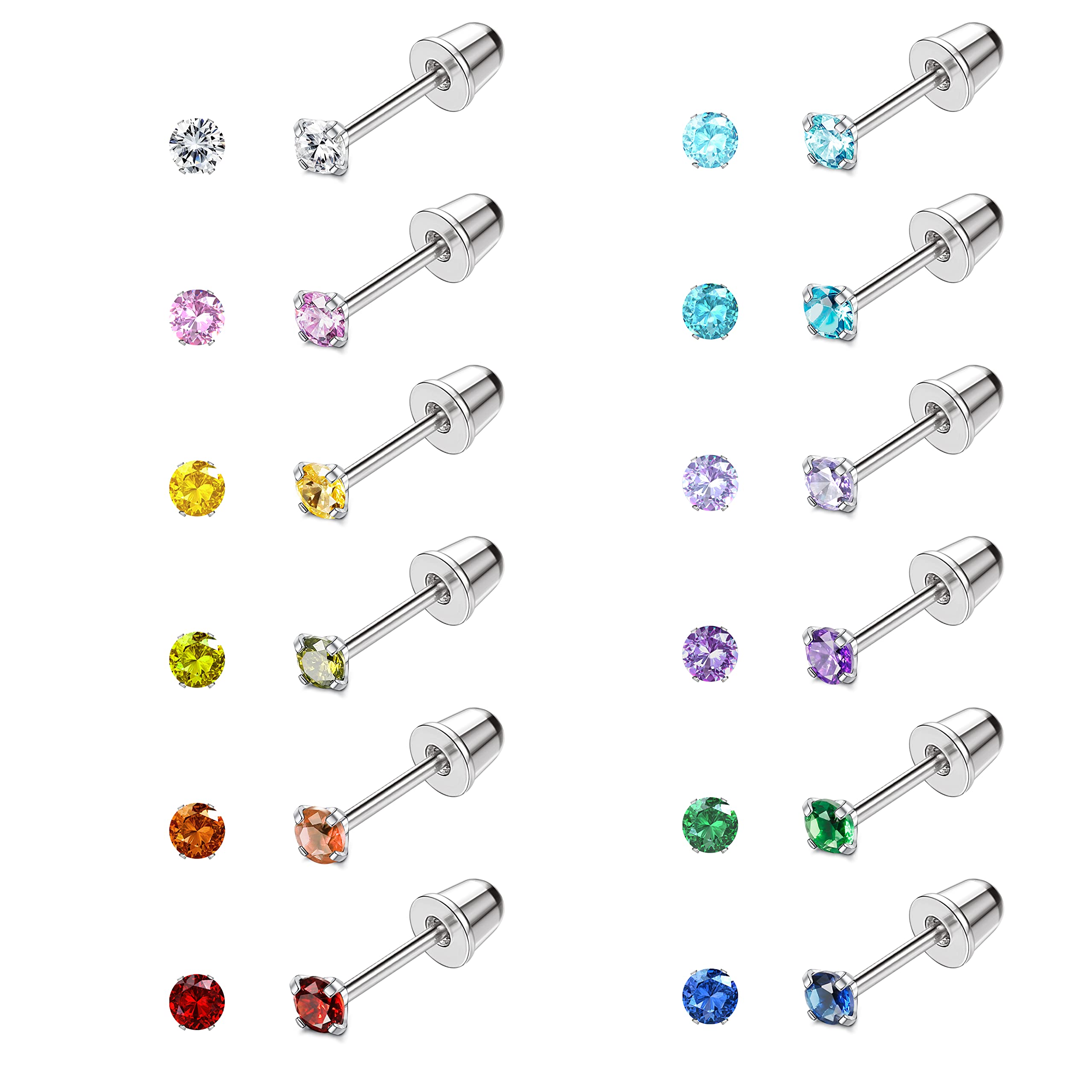 JeryWe 12 Pairs Screw Back Earrings for Women Stainless Steel Multicolored Cubic Zirconia Earrings 3mm /4mm/5mm Stud Earrings with Safety Backs Hypoallergenic Earrings