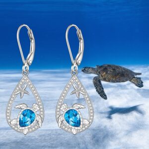 Sea Turtle Earrings for Women Sapphire Jewelry Animal Lover Gifts S925 Sterling Silver Ocean Zirconia Starfish Hoops Blue Dangle Earrings for Friends Sister Mom