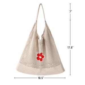 Womens Large Mesh Knitted Hobo Shoulder Bag Market Beach Tote Handbag for Trave Shopping Grocery, Beige