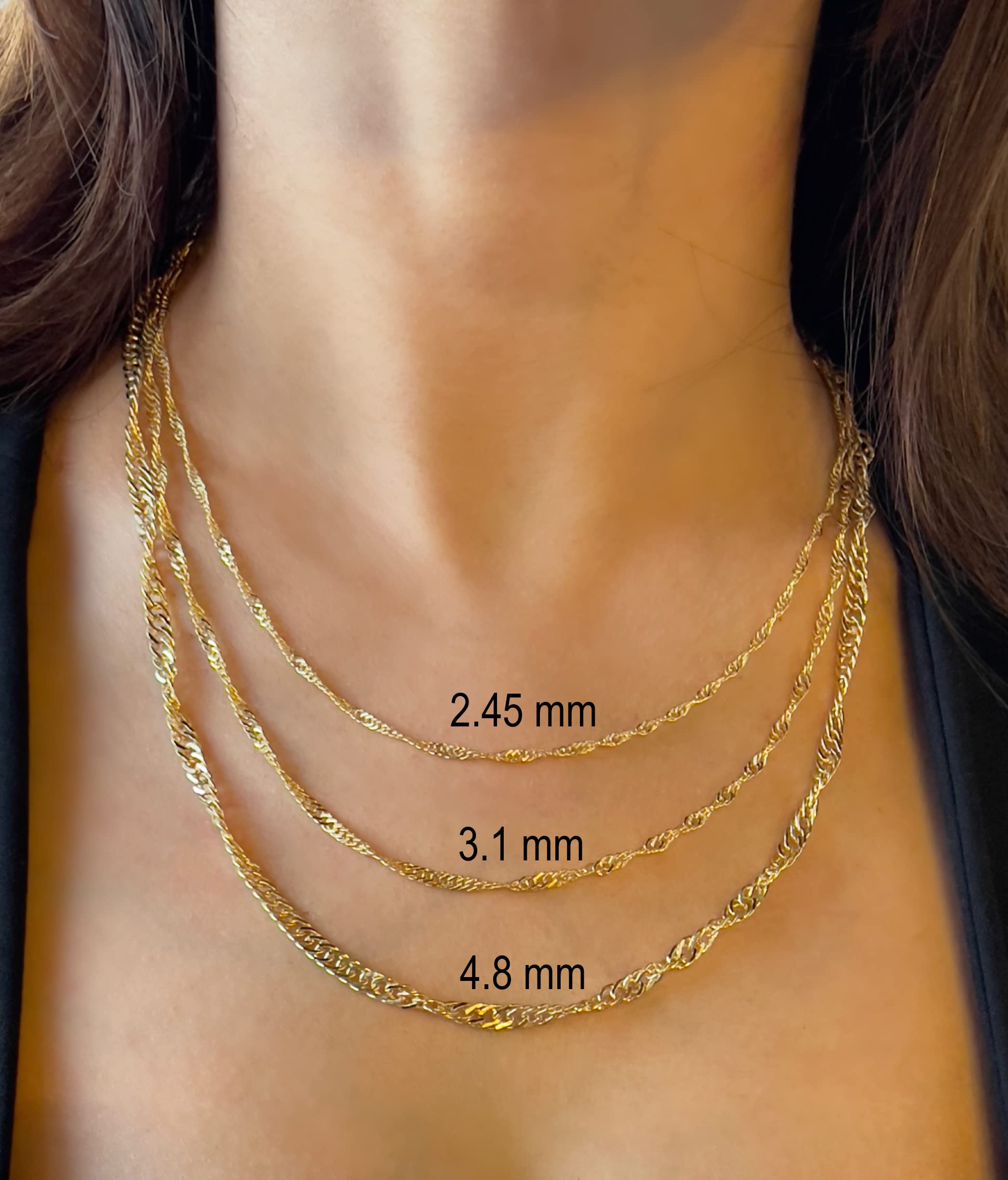 JEWELHEART 14K Real Gold Singapore Necklace - 2.45mm Diamond Cut Twisted Chain Necklace - Dainty Yellow Gold Chain For Women with Lobster Clasp 18"