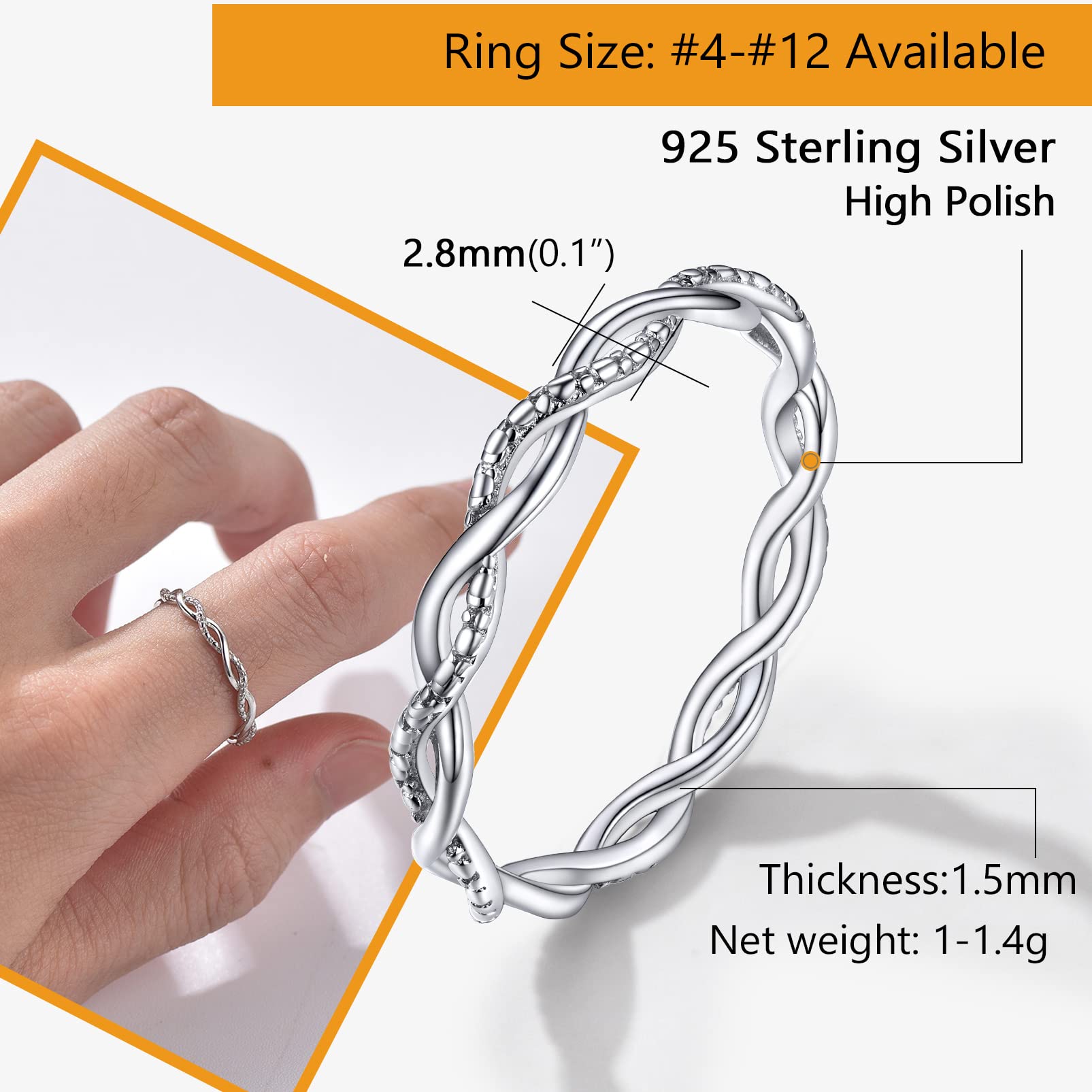 PROSILVER Size 4 Dainty Small Pinky Rings for Women 925 Sterling Silver Twist Rope Ring Trendy Jewelry