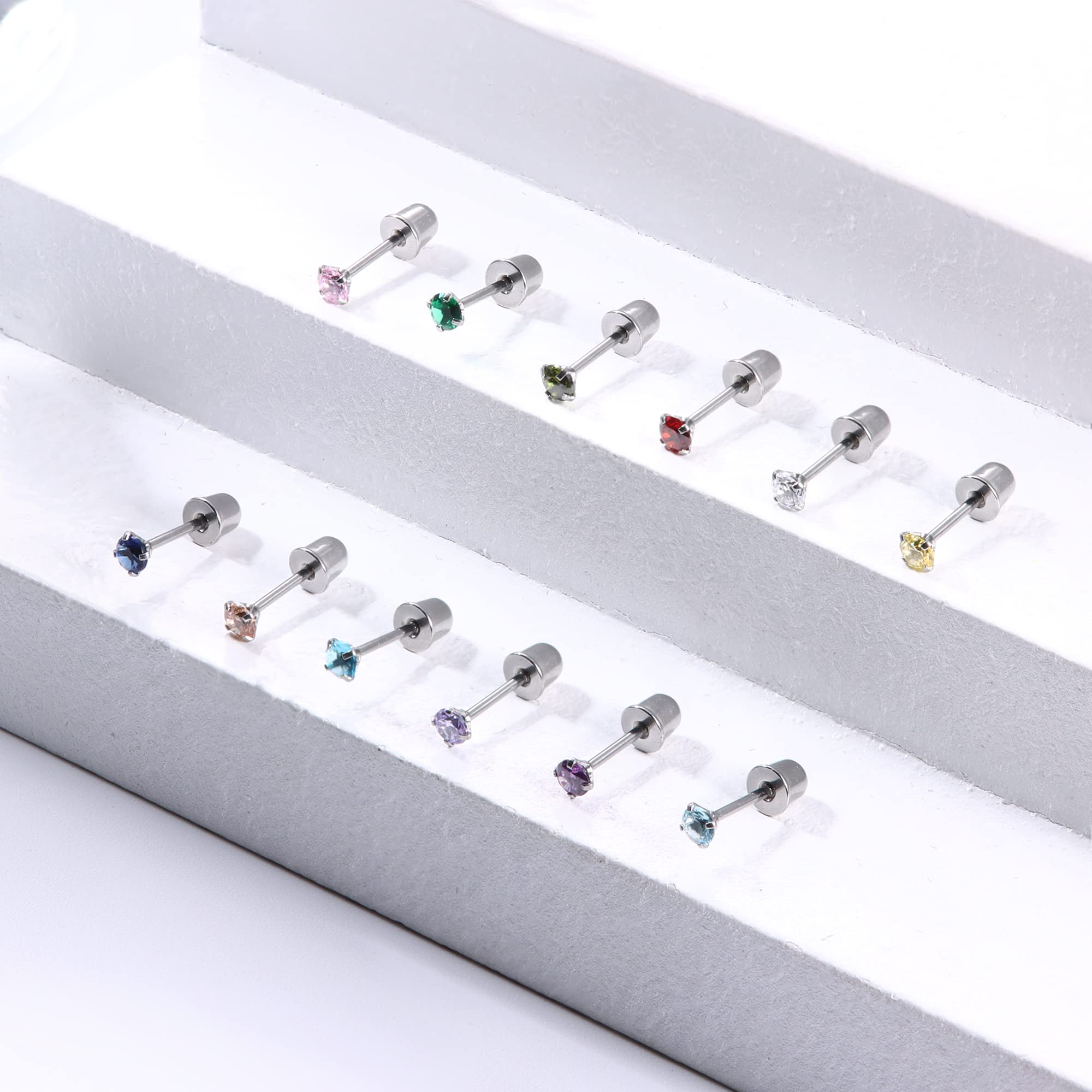 JeryWe 12 Pairs Screw Back Earrings for Women Stainless Steel Multicolored Cubic Zirconia Earrings 3mm /4mm/5mm Stud Earrings with Safety Backs Hypoallergenic Earrings