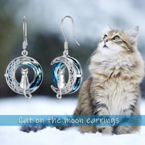 TOUPOP Cat on the Moon Earrings Cat Lovers Gifts for Women Sterling Silver Cat Dangle Drop Earrings with Blue Circle Crystal Cat Lovers Gifts for Women Birthday