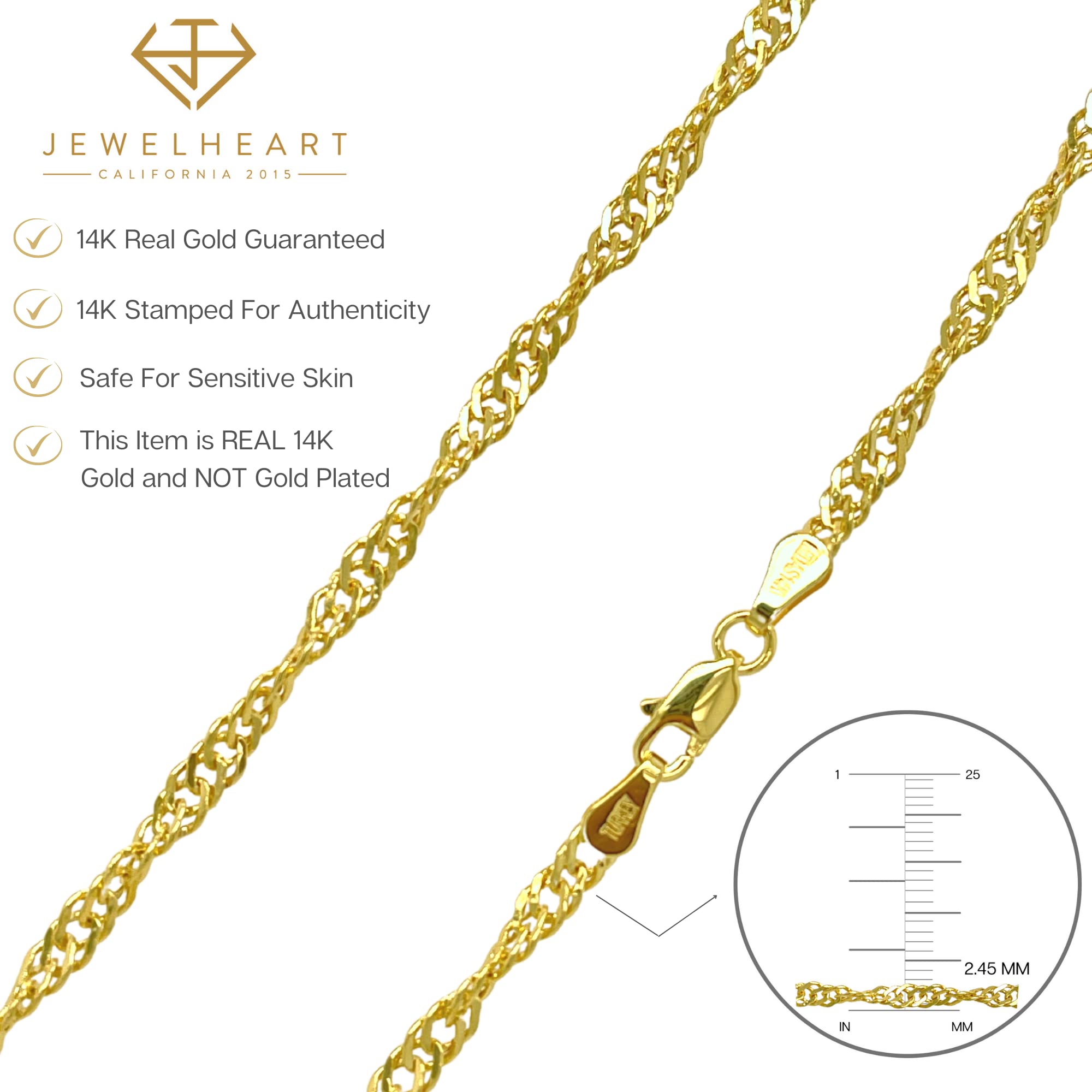 JEWELHEART 14K Real Gold Singapore Necklace - 2.45mm Diamond Cut Twisted Chain Necklace - Dainty Yellow Gold Chain For Women with Lobster Clasp 18"