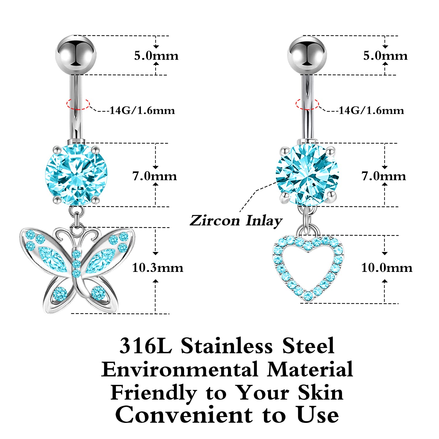 FLOGWE 2PCS 14G Belly Button Ring 316L Surgical Steel Heart Butterfly Pendant Belly Button Ring CZ Body Piercing Jewelry for Women