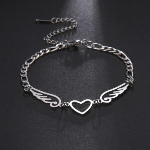 EUEAVAN Love Heart Guardian Angel Wings Charm Stainless Steel Silver Bracelets For Women Jewelry Gifts