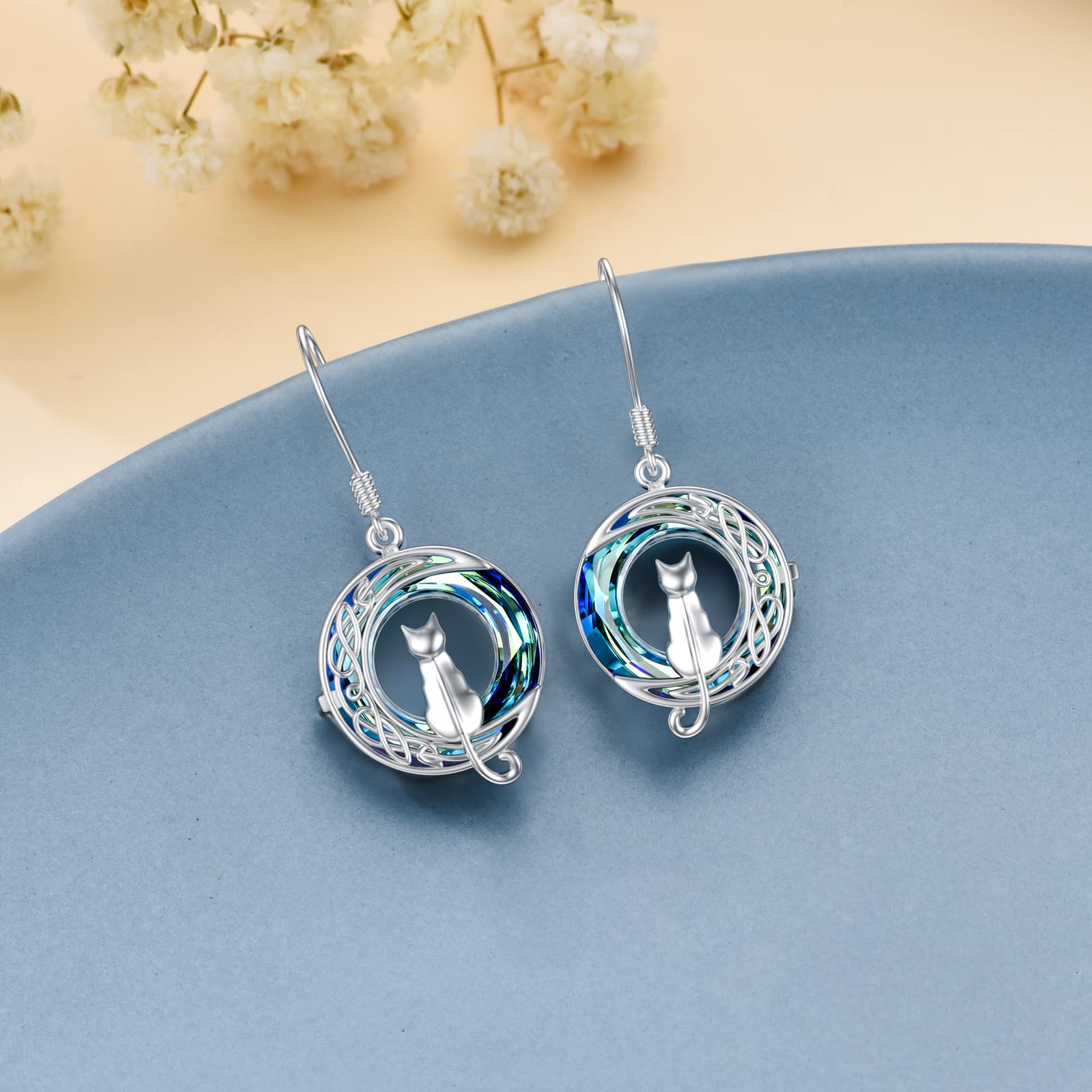 TOUPOP Cat on the Moon Earrings Cat Lovers Gifts for Women Sterling Silver Cat Dangle Drop Earrings with Blue Circle Crystal Cat Lovers Gifts for Women Birthday