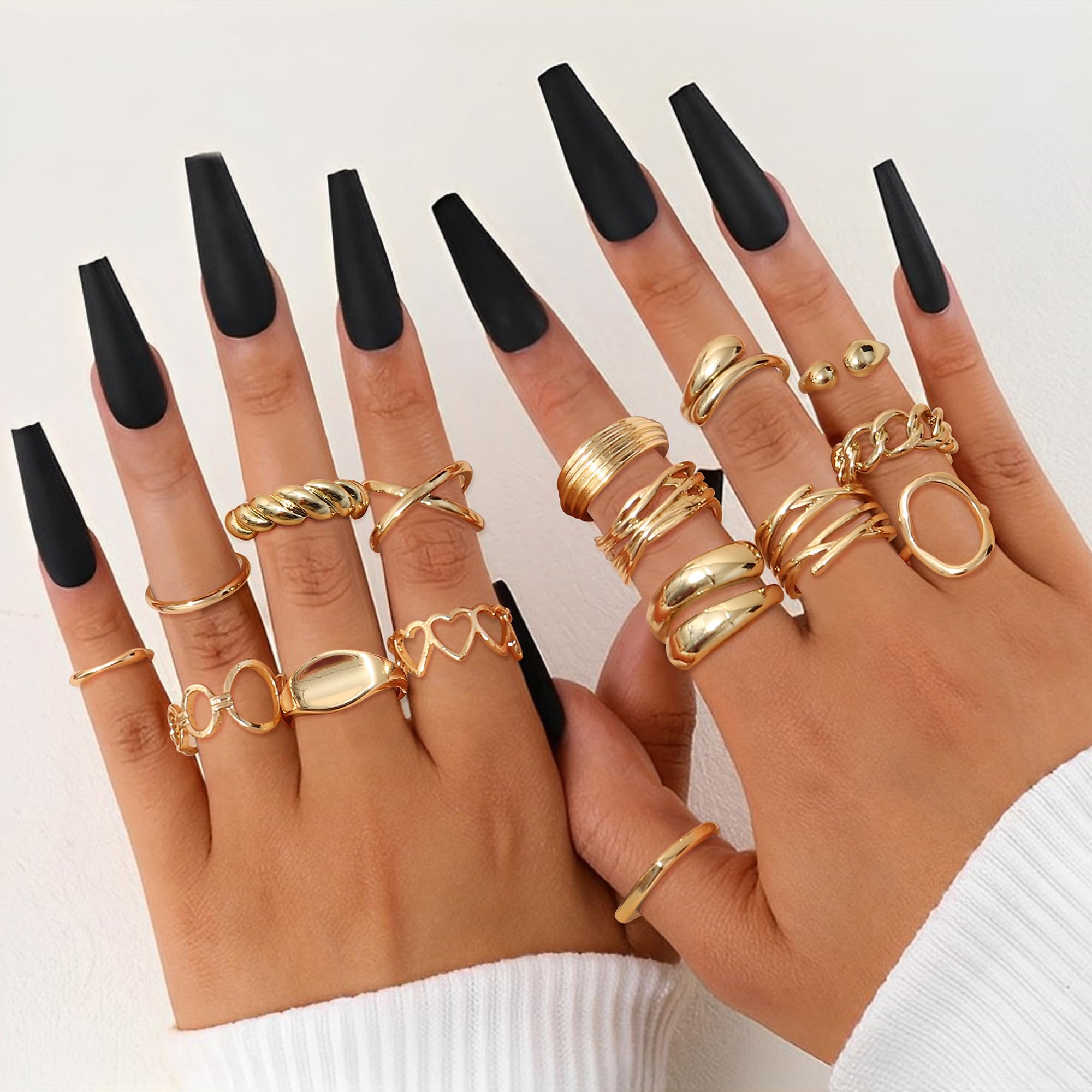 HAIAISO 16Pcs Gold Done Chunky Rings for Women 18K Gold Plated Adjustable Braided Twisted Round Signet Statement Rings Open Stackable Rings set Size 5-9