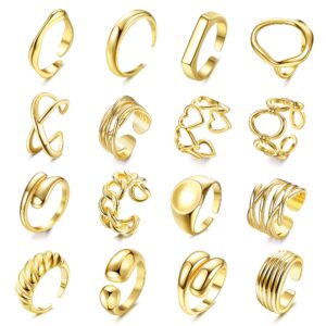 haiaiso 16pcs gold done chunky rings for women 18k gold plated adjustable braided twisted round signet statement rings open stackable rings set size 5-9