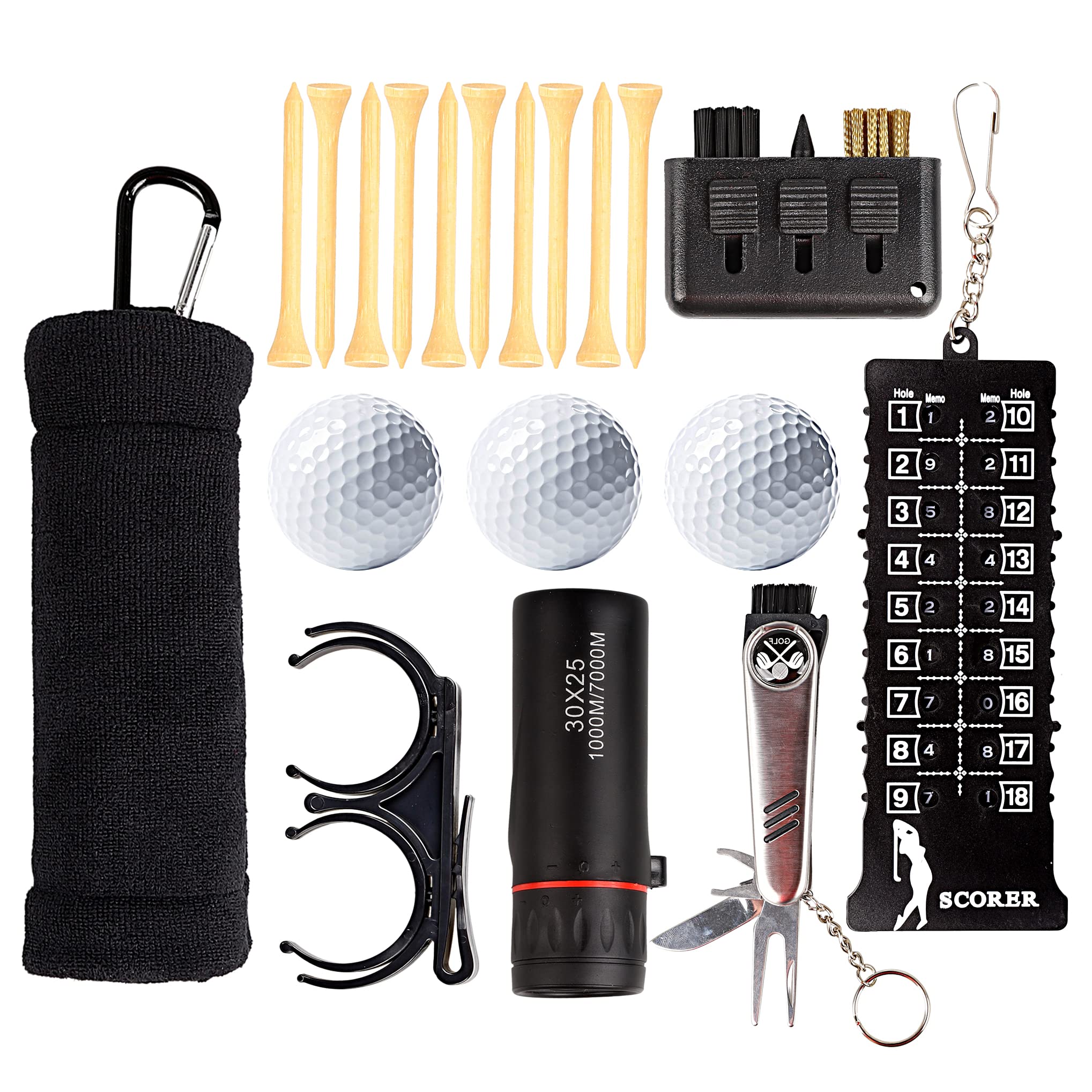 Fosiya 19 in 1 Golf Essentials Kit, Golf Towel, Cleaning Brush, Scoreboard, Telescope, Divot Repair Tool, Golf Ball, Tee Holder