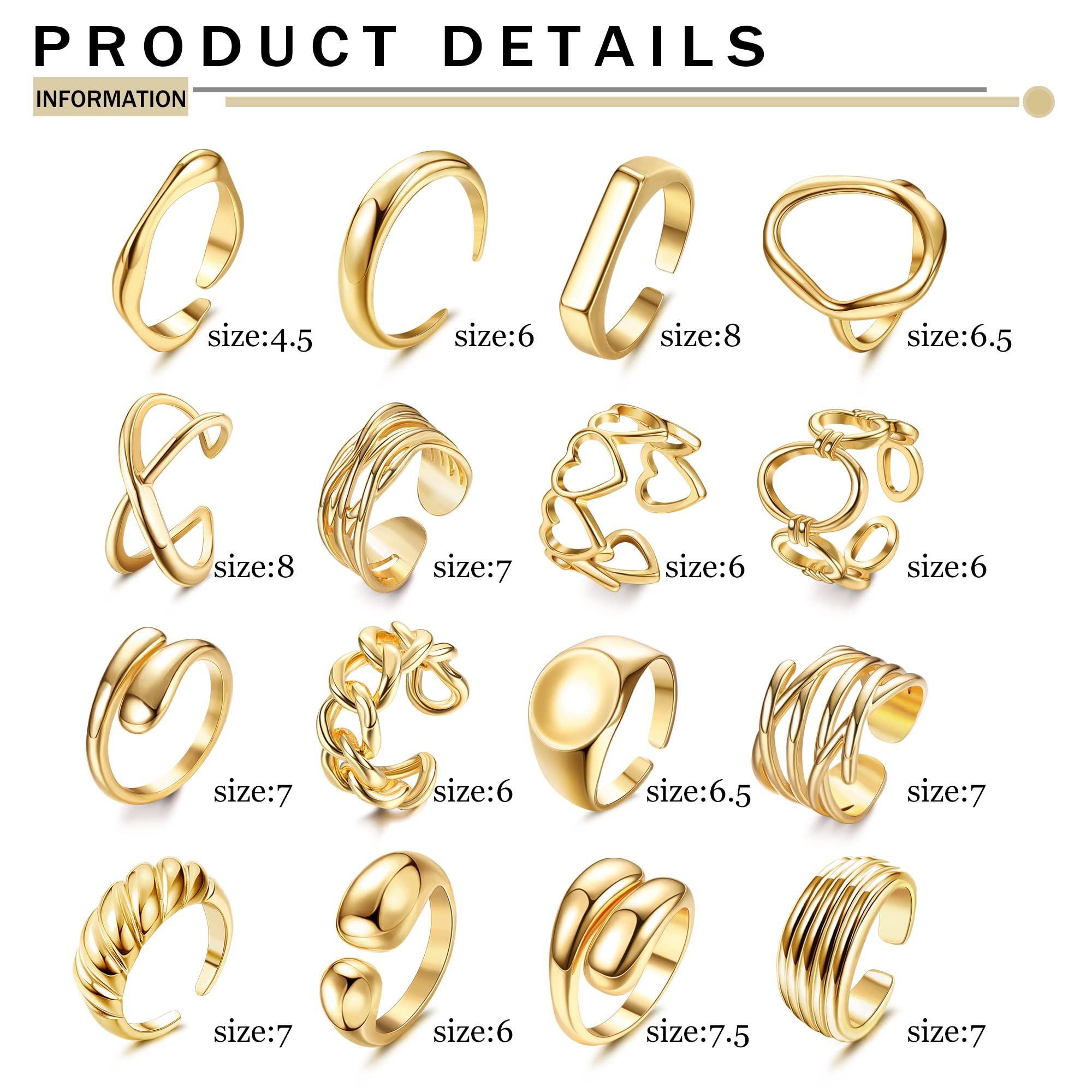 HAIAISO 16Pcs Gold Done Chunky Rings for Women 18K Gold Plated Adjustable Braided Twisted Round Signet Statement Rings Open Stackable Rings set Size 5-9