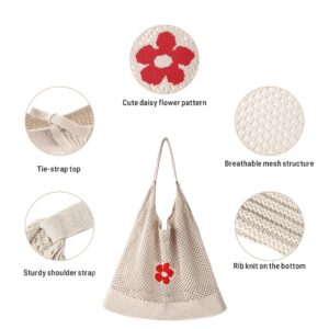 Womens Large Mesh Knitted Hobo Shoulder Bag Market Beach Tote Handbag for Trave Shopping Grocery, Beige