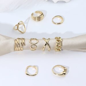 HAIAISO 16Pcs Gold Done Chunky Rings for Women 18K Gold Plated Adjustable Braided Twisted Round Signet Statement Rings Open Stackable Rings set Size 5-9