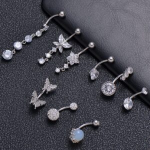 Ofeiyaa 9Pcs 14G Dangle Belly Button Rings Skull Butterfly Heart CZ Navel Rings Barbell Body Piercing Jewelry for Women