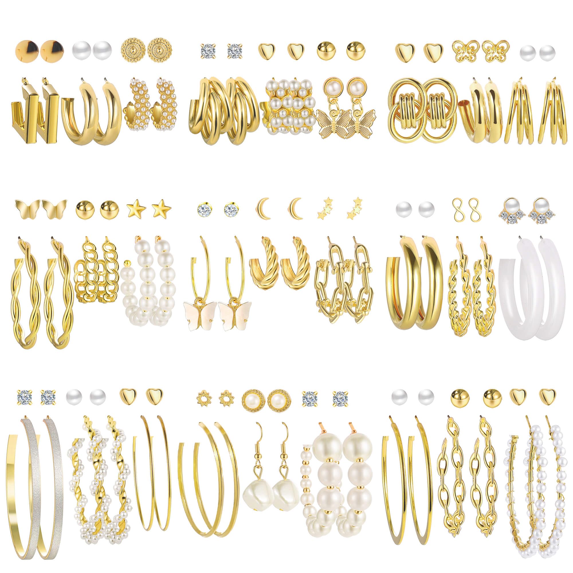 54 Pairs Gold Hoop Earrings Set for Women Multipack, Boho Fashion Statement Stud Hoop Earrings Pack Butterfly Shaped Assorted Small Big Hoop Earrings for Jewelry