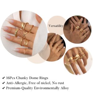 HAIAISO 16Pcs Gold Done Chunky Rings for Women 18K Gold Plated Adjustable Braided Twisted Round Signet Statement Rings Open Stackable Rings set Size 5-9