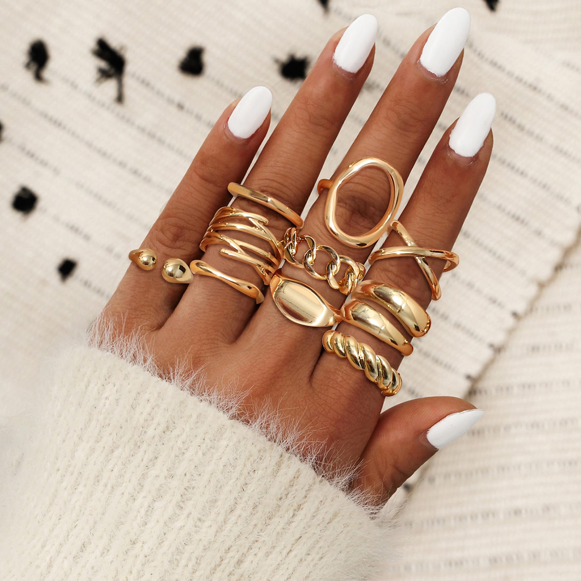 HAIAISO 16Pcs Gold Done Chunky Rings for Women 18K Gold Plated Adjustable Braided Twisted Round Signet Statement Rings Open Stackable Rings set Size 5-9