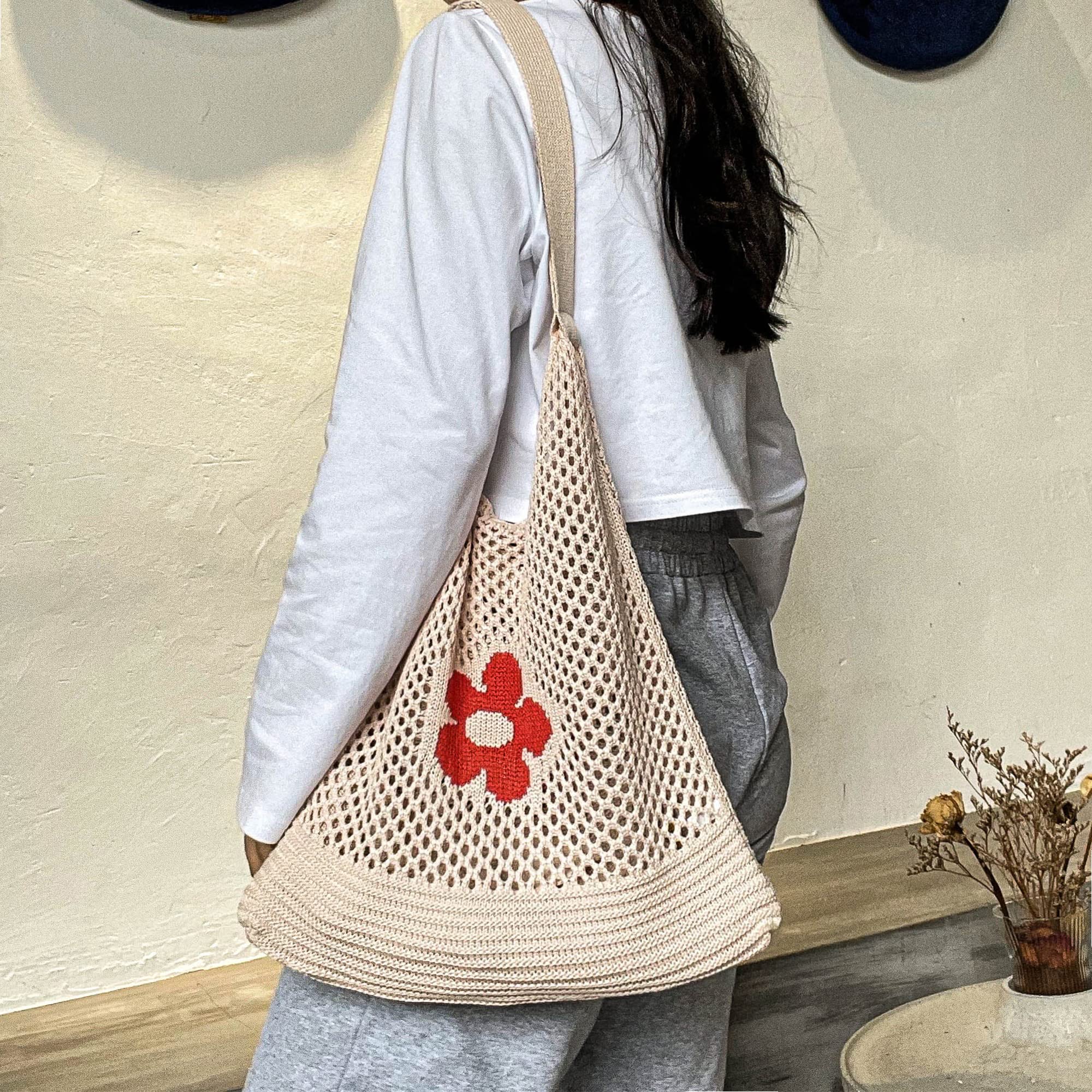 Womens Large Mesh Knitted Hobo Shoulder Bag Market Beach Tote Handbag for Trave Shopping Grocery, Beige