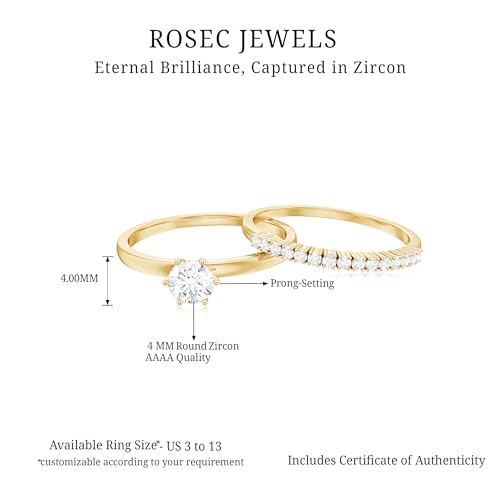 Rosec Jewels - Simple Round Shape Cubic Zirconia Solitaire Ring Set in Gold for Women (1/2 Carat Cubic Zirconia), 10K Yellow Gold, Size:US 4.50