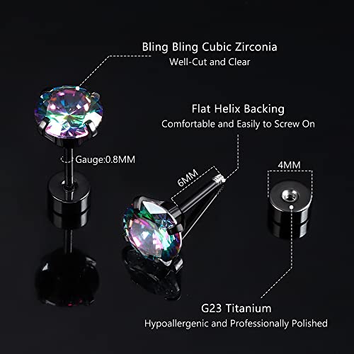 Jstyle Screw Back Stud Earrings Set 20G Surgical Steel Cubic Zirconia Cartilage Piercing Jewelry for Women Men Sensitive Ears CZ Tragus Helix Flat Back Earrings Stud Rainbow