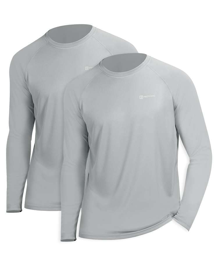 PRETCHIC Men's UPF 55+ UV Sun Protection Performance Long Sleeve Outdoor T Shirt 2 Pack Grey X-Large