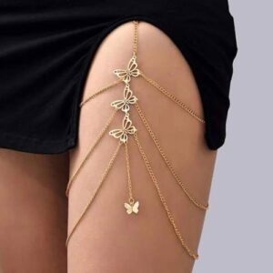 Body Chain Jewelry for Women Boho Butterfly Thigh Chain Leg Chain Jewelry Rhinestone Thigh Harness Stretch Body Jewelry for Nightclub Beach Outfits Accessories(Gold Butterfly)