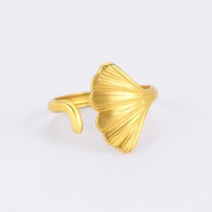 TEAMER Stainless Steel Ginkgo Leaf Finger Rings Adjustable Bohemian Ring Mother‘s Day Jewelry for Women (Gold)