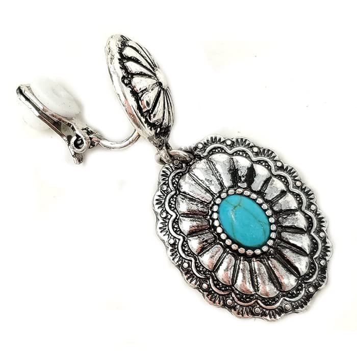 Emulily Western Concho Dangling Clip on Earrings Navajo (Turquoise)